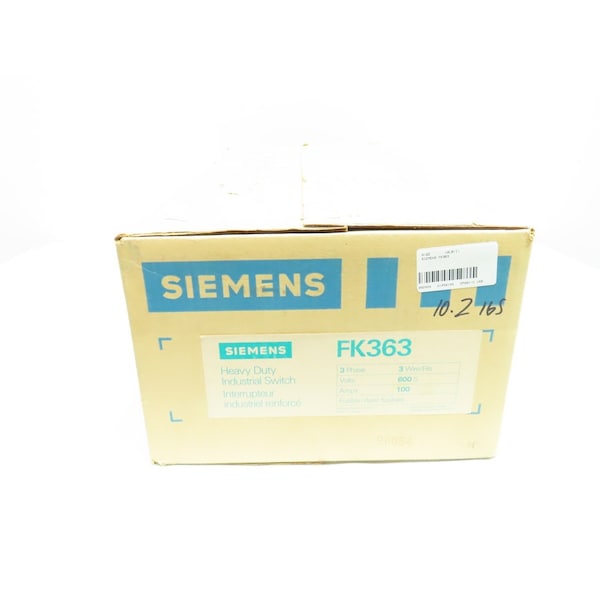 Interruptor de desconexión con fusible Siemens 3PH 3P 100A AMP 600V-AC - FK363