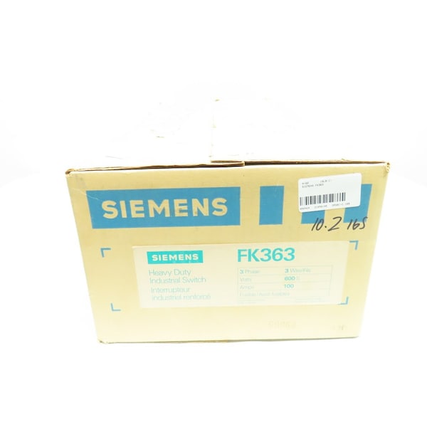 Interruptor de desconexión con fusible Siemens 3PH 3P 100A AMP 600V-AC - FK363