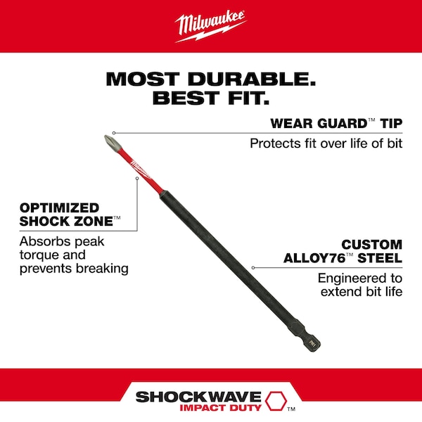 Milwaukee Tool SHOCKWAVE 6 en Phillips #2 Impact Duty Power Bit, paquete de 10 piezas - 48-32-4207