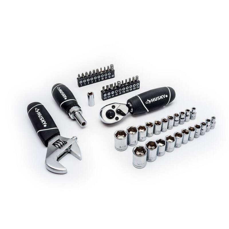 Juego de carraca y dados Husky de 1/4 y 3/8 pulgadas con llaves hexagonales plegables (71 piezas) - H46PCS3PCFHKCB.