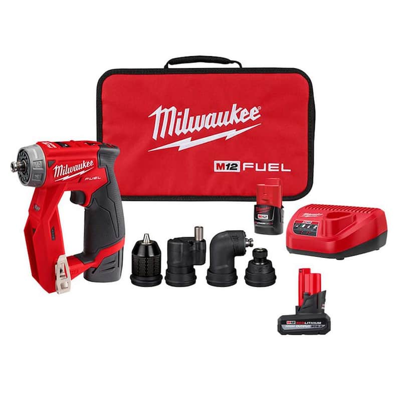 Milwaukee M12 FUEL 12V Taladro inalámbrico sin escobillas de iones de litio 4 en 1 para instalación de 3/8 pulg. con kit de conductor con batería XC de alto rendimiento de 5.0 Ah - 2505-22-48-11-2450