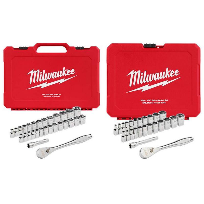 Juego de herramientas mecánicas Milwaukee de trinquete y dados de 3/8 y 1/4 pulgadas SAE/métricos (54 piezas) - 48-22-9088-48-22-9044