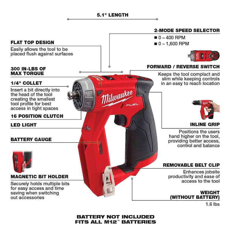 Milwaukee M12 FUEL 12V Li-Ion sin escobillas inalámbrico 4 en 1 Instalación 3/8 in. Taladro atornillador con 4 cabezales de herramienta (solo herramienta) - 2505-20
