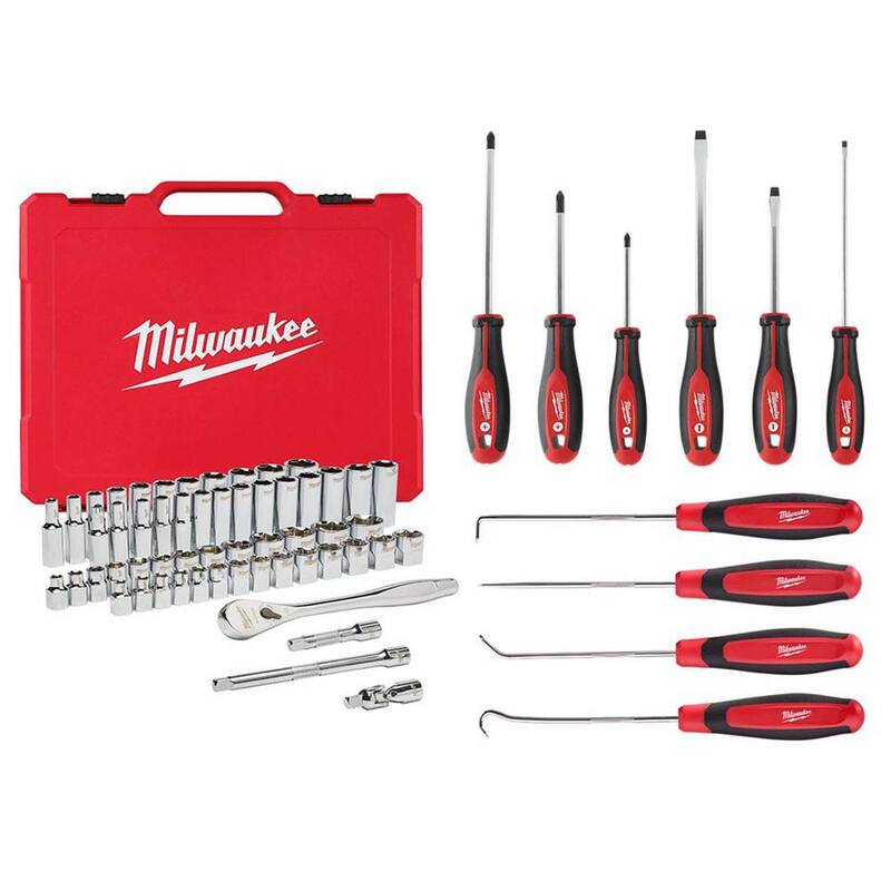 Set de herramientas y mano de mecánico de Milwaukee con trinquete SAE métrico de 3/8 pulgadas, dados, desarmador, gancho y púa (66 piezas) - 48-22-9008-48-22-2706-48-22-9215