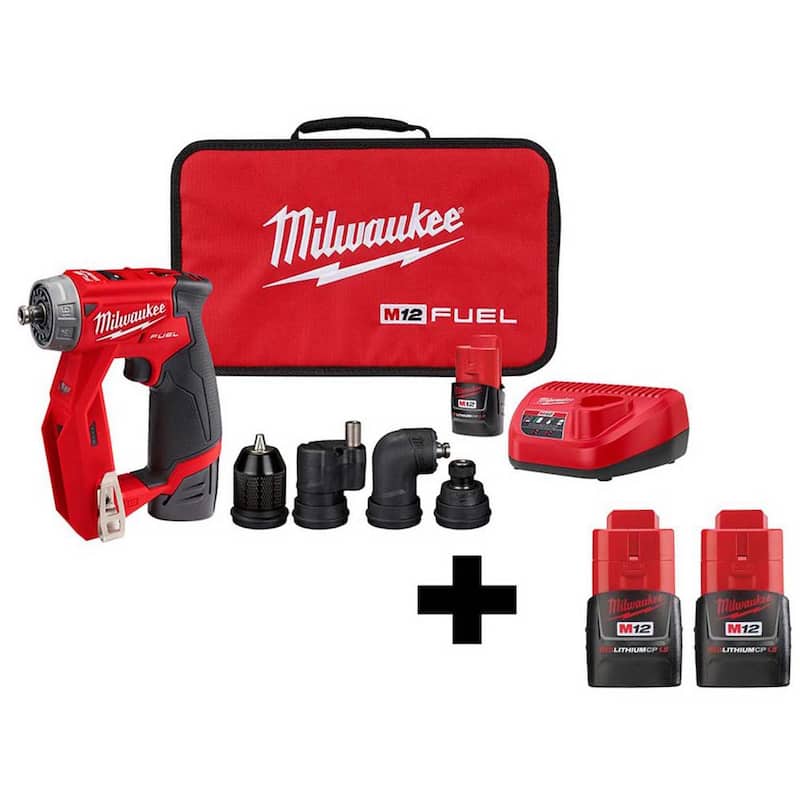 Kit de taladro destornillador inalámbrico 4 en 1 Milwaukee M12 FUEL 12V de iones de litio sin escobillas 3/8 pulgadas con baterías (paquete de 2) - 2505-22-48-11-2411