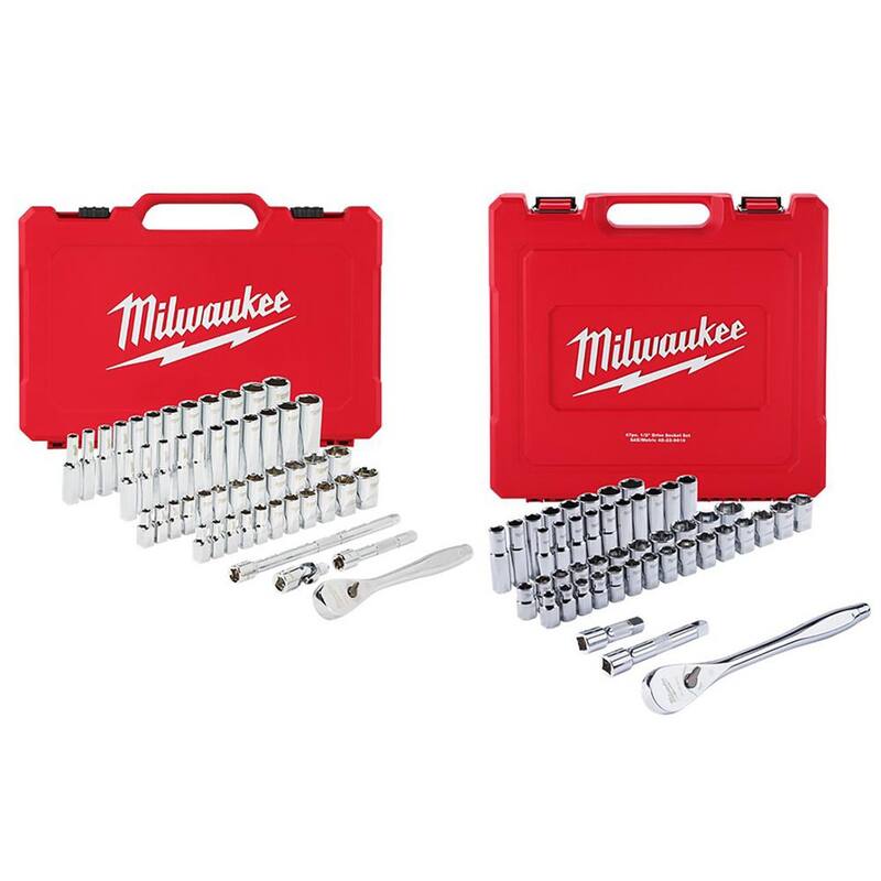 Juego de herramientas mecánicas Milwaukee de trinquete y dados de 1/4 pulg. y 1/2 pulg. SAE/Métrico (97 piezas) - 48-22-9004-48-22-9010