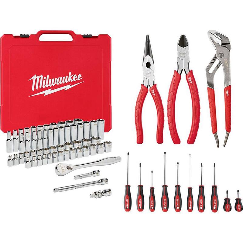 Juego de herramientas mecánicas Milwaukee de 3/8 pulg. con trinquete y dados SAE/métricos, incluye kit de pinzas y juego de destornilladores (69 piezas) - 48-22-9008-48-22-6331-48-22-2710
