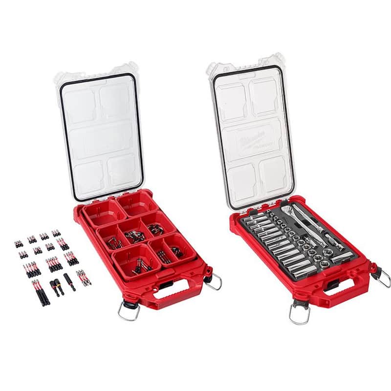 Set de herramientas de mecánica de carraca y dado en métrico de 3/8 in Milwaukee con juego de puntas SHOCKWAVE con estuches PACKOUT (132 piezas) - 48-22-9482-48-32-4082
