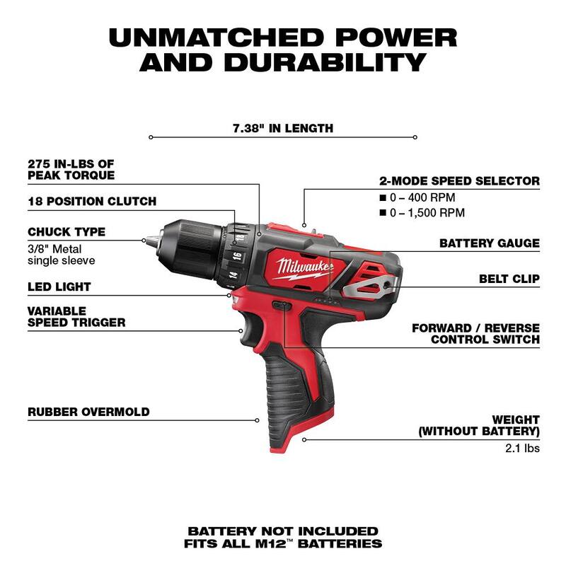 Milwaukee M12 Taladro/destornillador inalámbrico de 12V de iones de litio de 3/8 pulg. (Herramienta solamente) - 2407-20
