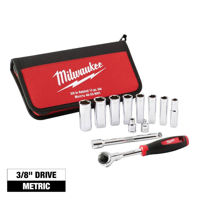 Juego de trinquete y dados métricos de 3/8 pulgadas de Milwaukee (12 piezas) - 48-22-9001