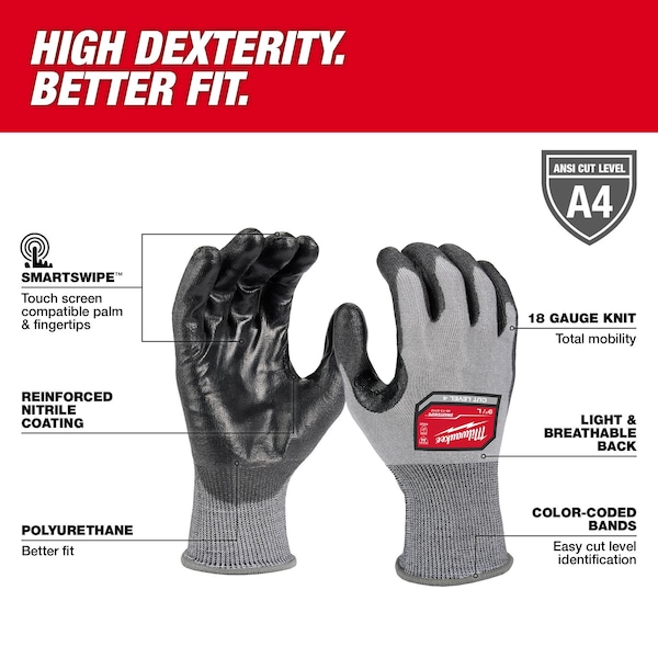 Guantes Milwaukee Tool con nivel de corte 4, alta destreza, recubiertos de poliuretano - XL, nivel de corte A4, calibre 18, color gris, XL (10) - 48-73-8743