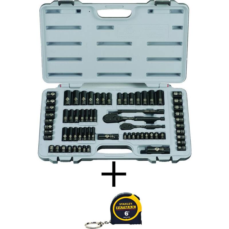 Set de herramientas mecánicas SAE Stanley de 1/4 y 3/8 pulgadas con acabado en cromo negro grabado con láser (69 piezas) y cinta métrica FATMAX de 6 pies. - 92824W33706