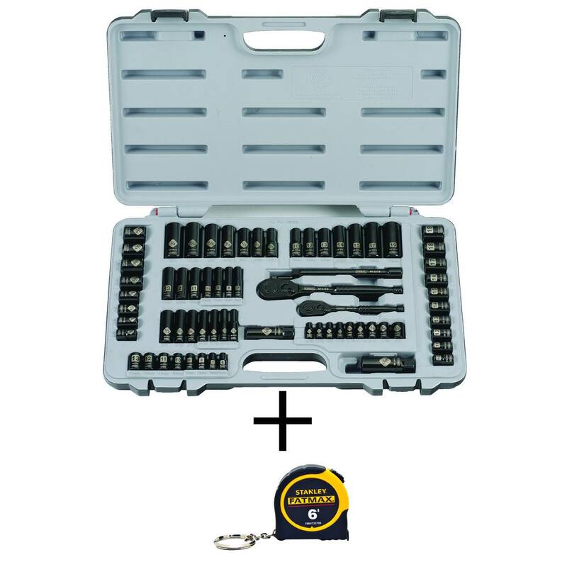 Set de herramientas mecánicas SAE Stanley de 1/4 y 3/8 pulgadas con acabado en cromo negro grabado con láser (69 piezas) y cinta métrica FATMAX de 6 pies. - 92824W33706