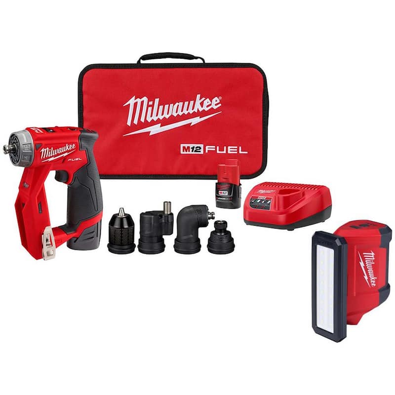 Milwaukee M12 FUEL 12-Volt Lithium-Ion Brushless Cordless 4-en-1 Kit de taladro y atornillador de instalación de 3/8 pulgadas con luz de servicio M12 Rover - 2505-22-2367-20.