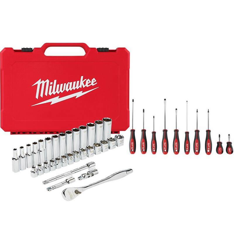 Juego de herramientas de mecánica con trinquete y llaves de vaso métricas de 3/8 de pulgada Milwaukee con juego de destornilladores (42 piezas) - 48-22-9508-48-22-2710