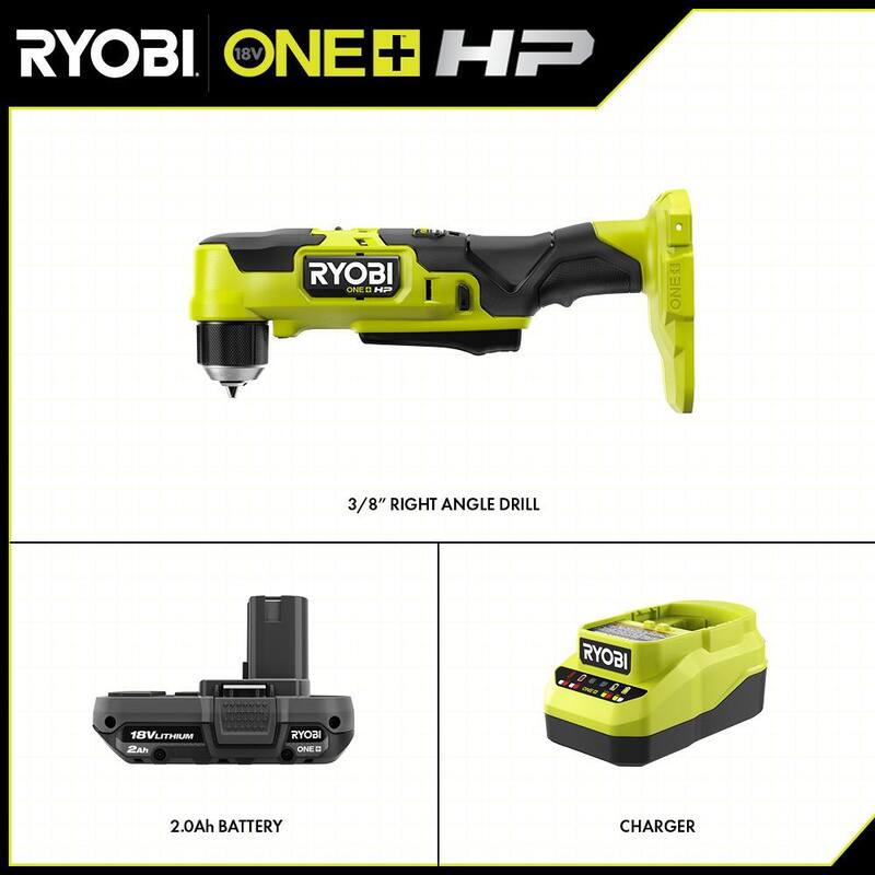 RYOBI ONE+ HP Taladro angular compacto inalámbrico sin escobillas de 18V de 3/8 in. en Kit con (1) batería de 1.5 Ah y cargador de 18V - PSBRA02K