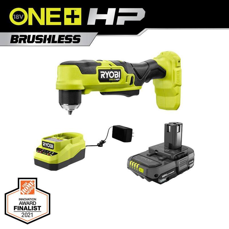 RYOBI ONE+ HP Taladro angular compacto inalámbrico sin escobillas de 18V de 3/8 in. en Kit con (1) batería de 1.5 Ah y cargador de 18V - PSBRA02K