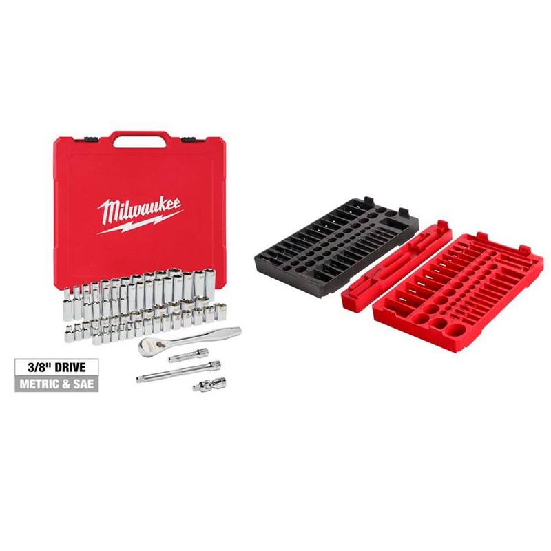 Set de herramientas para mecánicos con trinquete y dado SAE/Métrico de 3/8 pulgadas de Milwaukee (56 piezas) con charolas para trinquetes y dados métricos y SAE - 48-22-9008-48-22-9486T.