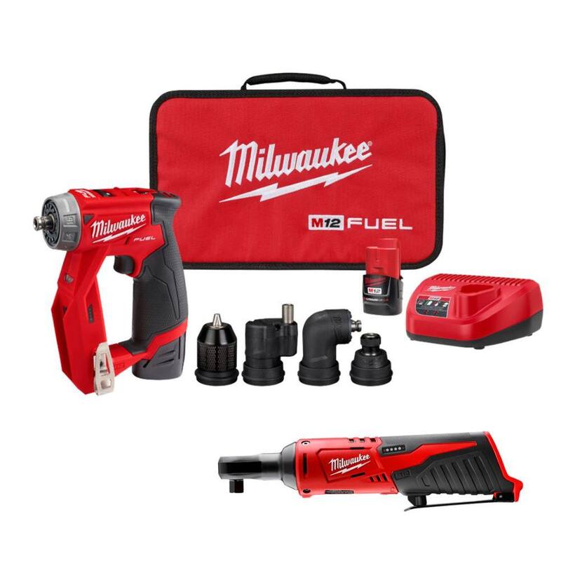Milwaukee M12 FUEL 12V Kit de Taladro Atornillador Inalámbrico Brushless 4-en-1 de Instalación 3/8 pulgadas con Llave de Trinquete M12 3/8 pulgadas - 2505-22-2457-20