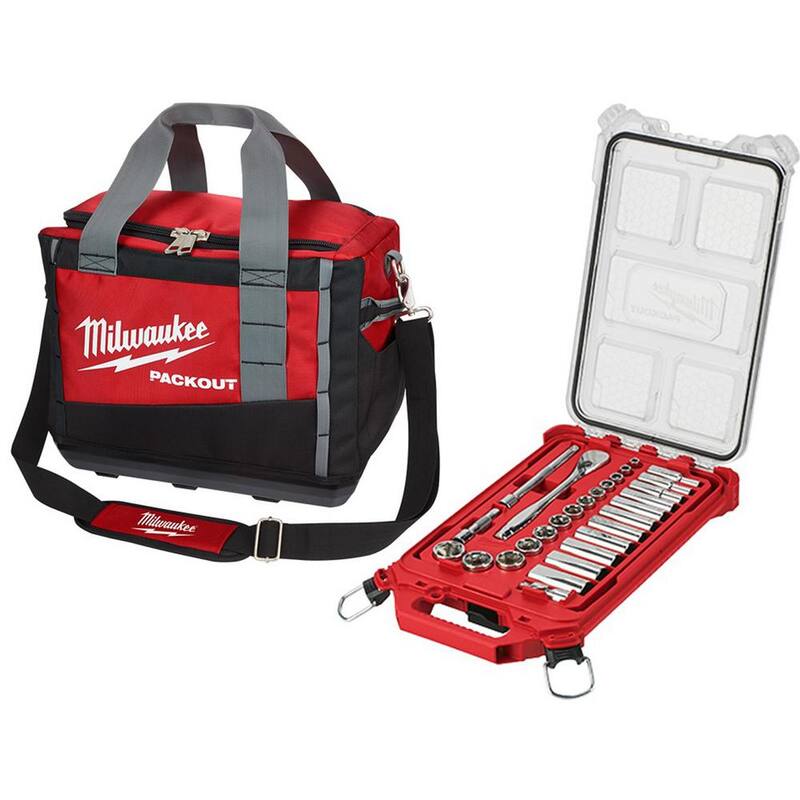 Juego de herramientas para mecánicos de trinquete y dado SAE de 3/8 pulg. Milwaukee con estuche PACKOUT (28 piezas) y bolsa de herramientas PACKOUT de 15 pulg. - 48-22-9481-48-22-8321