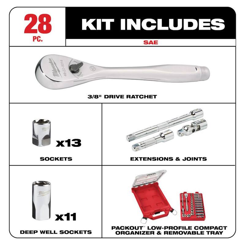 Juego de herramientas para mecánicos de trinquete y dado SAE de 3/8 pulg. Milwaukee con estuche PACKOUT (28 piezas) y bolsa de herramientas PACKOUT de 15 pulg. - 48-22-9481-48-22-8321