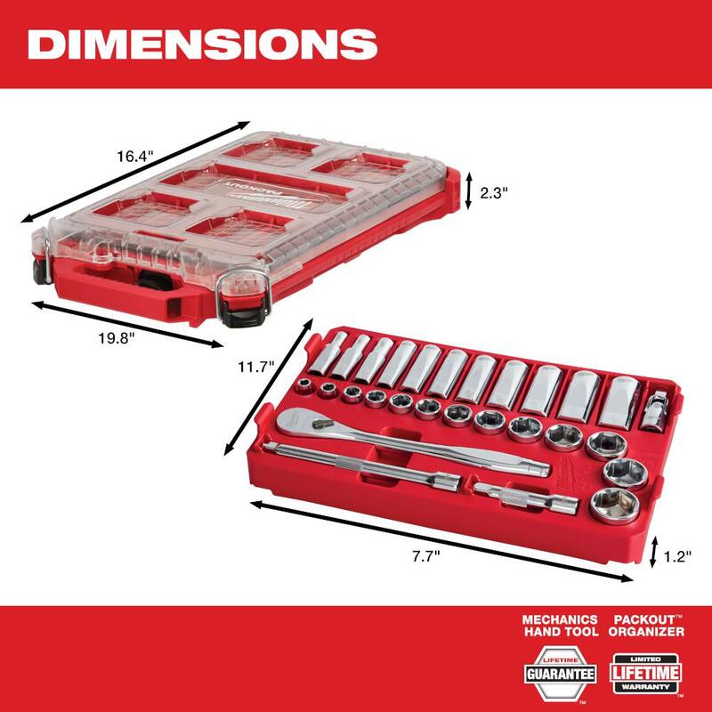 Juego de herramientas para mecánicos de trinquete y dado SAE de 3/8 pulg. Milwaukee con estuche PACKOUT (28 piezas) y bolsa de herramientas PACKOUT de 15 pulg. - 48-22-9481-48-22-8321