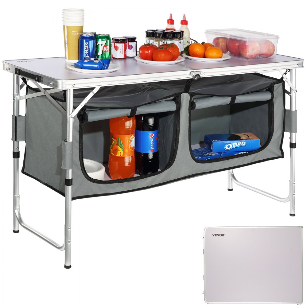 VEVOR Camping Kitchen Table, Quick set-up Folding Camping Table, 3 Adjustable Heights, MDF Camping Table, Ideal for Outdoor Picnics, BBQs, Camping, RV Traveling - CWJKYDCFHSHSB10K7V0