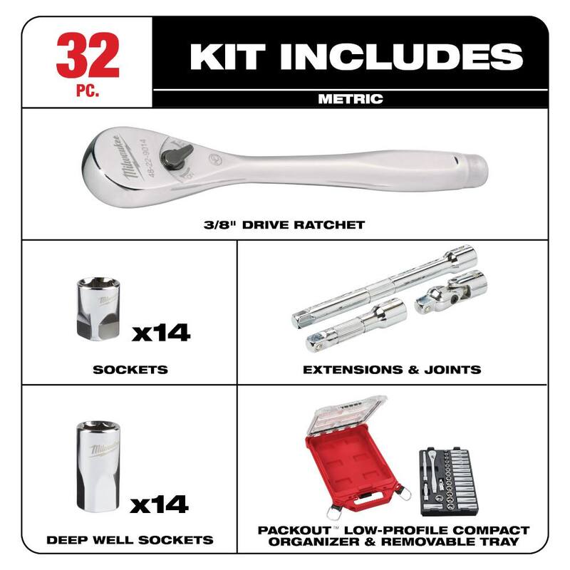 Juego de herramientas de mecánica con llave y dados métricos de trinquete de 3/8 pulg. Milwaukee con estuche PACKOUT y bolsa (32 piezas) - 48-22-9482-48-22-8321