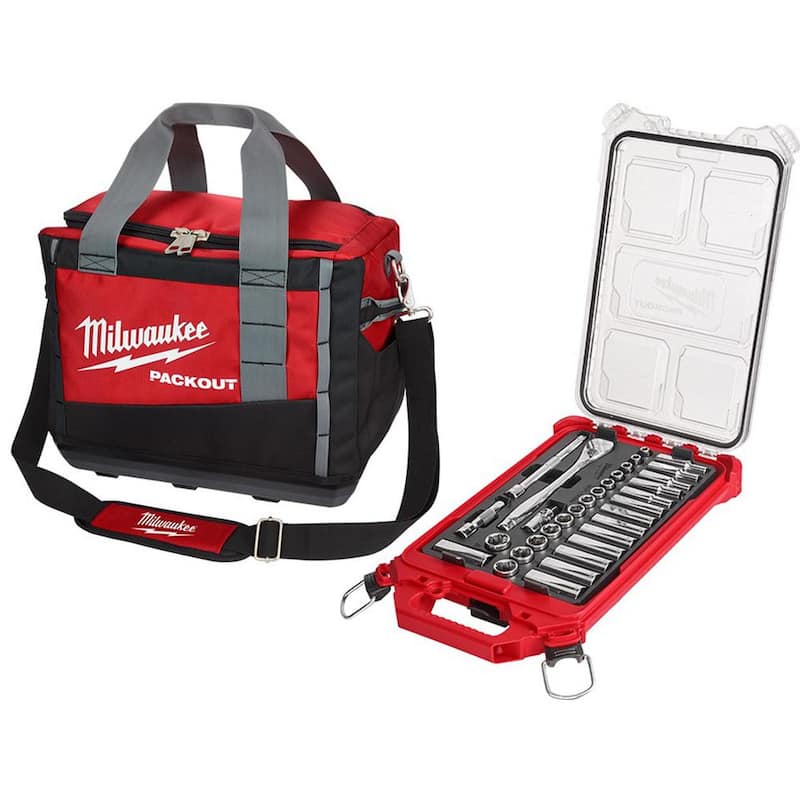 Juego de herramientas de mecánica con llave y dados métricos de trinquete de 3/8 pulg. Milwaukee con estuche PACKOUT y bolsa (32 piezas) - 48-22-9482-48-22-8321