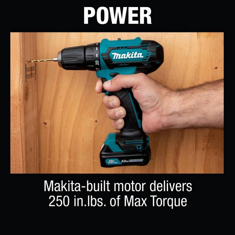 Makita 12V máx. CXT Taladro Atornillador Inalámbrico de 3/8 pulg. de Velocidad Variable de Iones de Litio, 2.0 Ah con Clip para Cinturón y Maletín de Herramientas - FD09R1