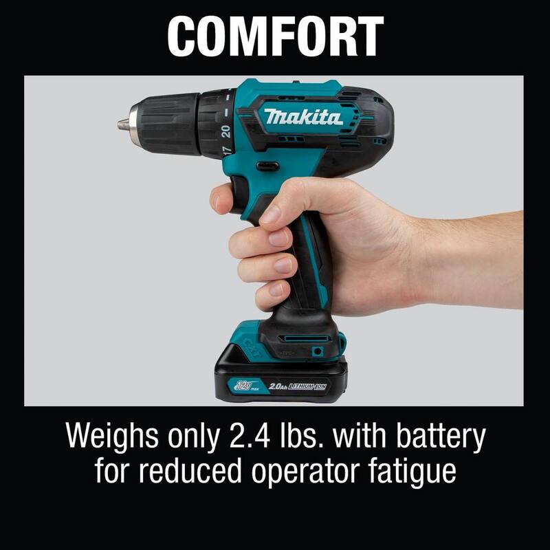 Makita 12V máx. CXT Taladro Atornillador Inalámbrico de 3/8 pulg. de Velocidad Variable de Iones de Litio, 2.0 Ah con Clip para Cinturón y Maletín de Herramientas - FD09R1