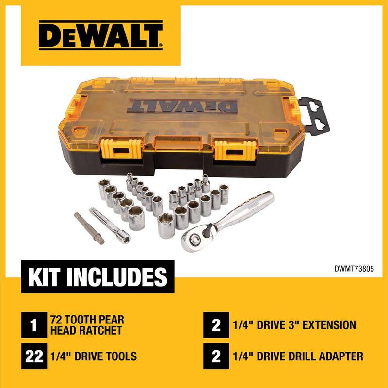 Juego de trinquetes y dados DEWALT de 1/4 de pulgada con medidas SAE y métricas (25 piezas) - DWMT73805