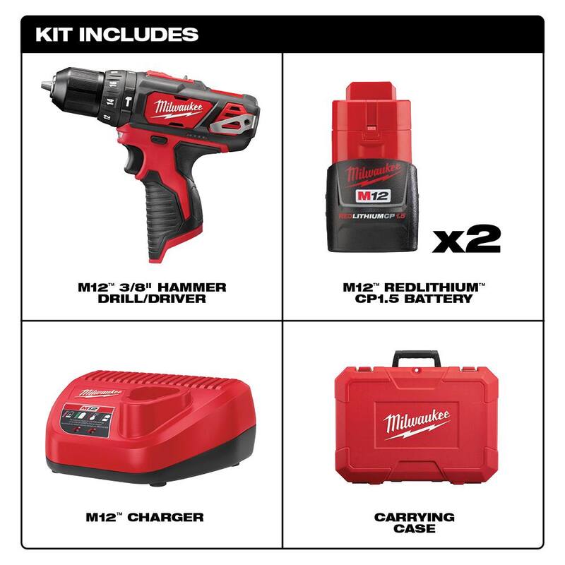 Milwaukee M12 12V Taladro/destornillador de martillo inalámbrico de 3/8 pulgadas con baterías de 1.5 Ah y estuche rígido - 2408-22