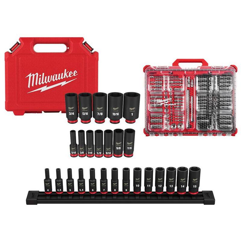 Juego de llaves de vaso de impacto y cromo Milwaukee Shockwave de 1/4 pulg. 3/8 pulg. de la serie Drive Deep Well con Packout (132 piezas) - 49-66-7006-49-66-7003-48-22-9486