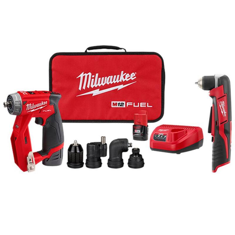 Milwaukee M12 FUEL 12V Taladro inalámbrico sin escobillas intercambiable 4 en 1 de 3/8 pulgadas con taladro angular recto - 2505-22-2415-20.