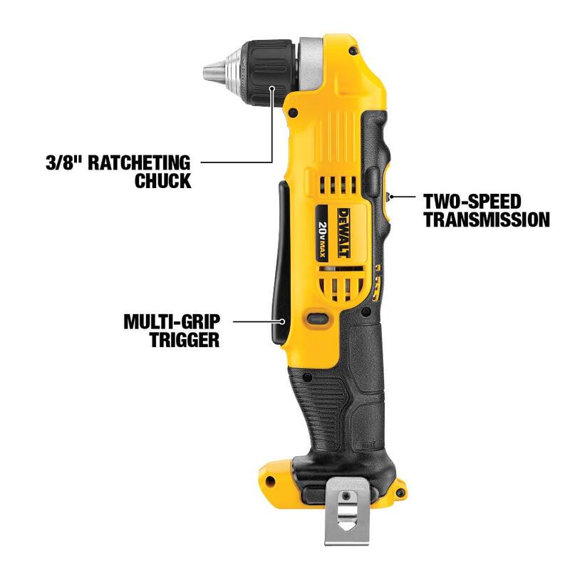 DEWALT Taladro/destornillador angular inalámbrico de 3/8 pulgadas 20V MAX, (1) Batería de 20V 1.3Ah, Cargador y Bolsa - DCD740C1