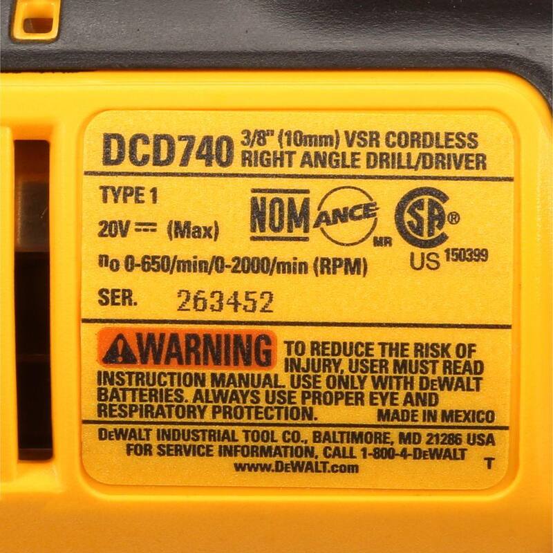 DEWALT Taladro/destornillador angular inalámbrico de 3/8 pulgadas 20V MAX, (1) Batería de 20V 1.3Ah, Cargador y Bolsa - DCD740C1