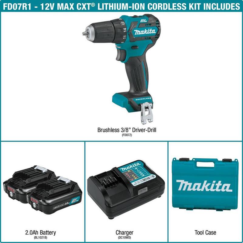 Kit de taladro inalámbrico Makita 12V max CXT de 3/8 pulgadas con tecnología de iones de litio sin escobillas, incluye (2) baterías (2.0 Ah), cargador y estuche rígido - FD07R1