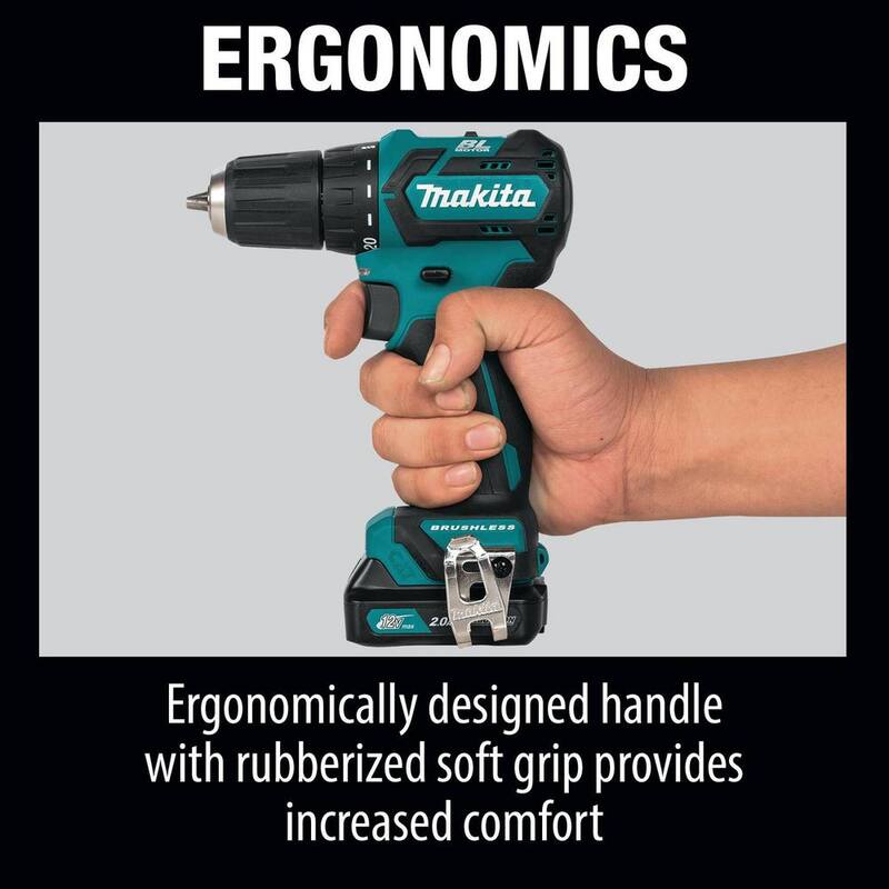 Kit de taladro inalámbrico Makita 12V max CXT de 3/8 pulgadas con tecnología de iones de litio sin escobillas, incluye (2) baterías (2.0 Ah), cargador y estuche rígido - FD07R1