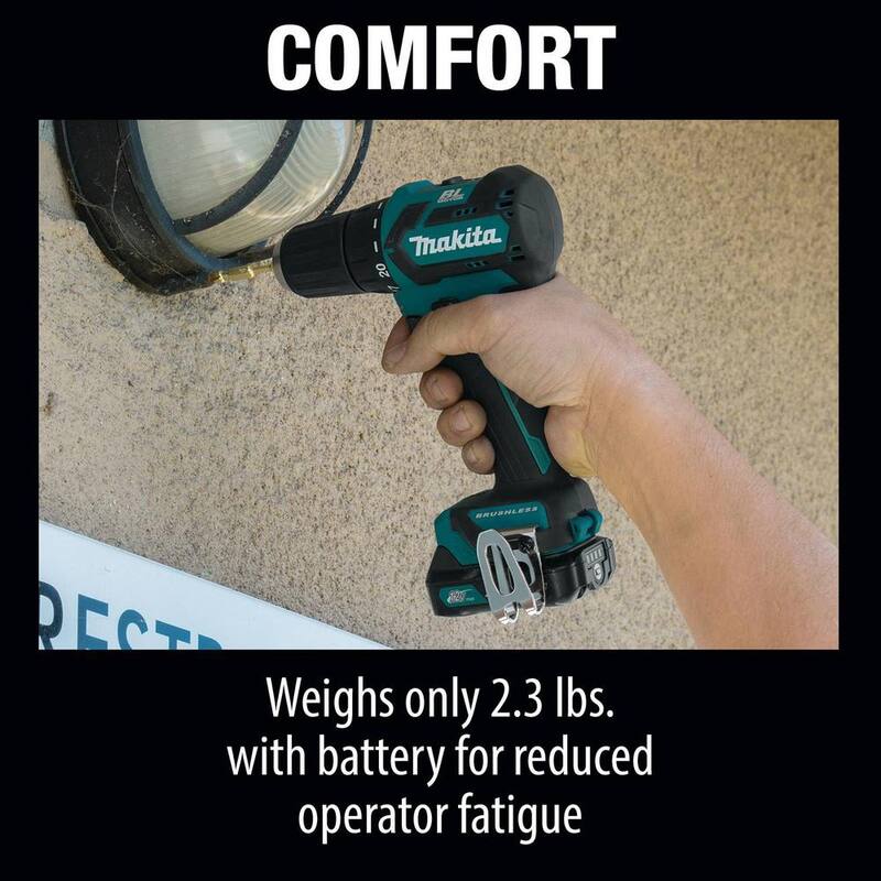 Kit de taladro inalámbrico Makita 12V max CXT de 3/8 pulgadas con tecnología de iones de litio sin escobillas, incluye (2) baterías (2.0 Ah), cargador y estuche rígido - FD07R1