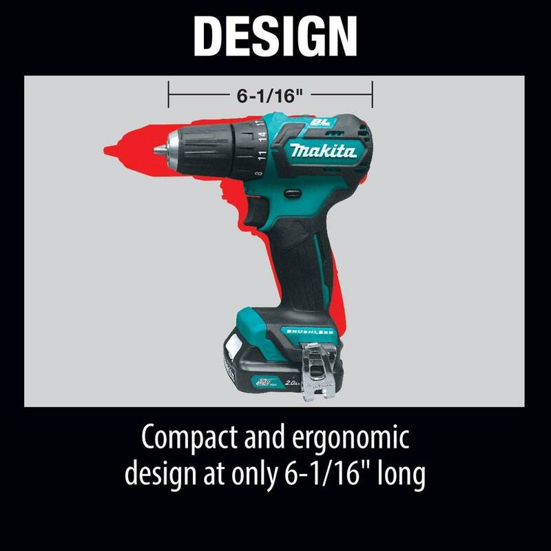 Kit de taladro inalámbrico Makita 12V max CXT de 3/8 pulgadas con tecnología de iones de litio sin escobillas, incluye (2) baterías (2.0 Ah), cargador y estuche rígido - FD07R1