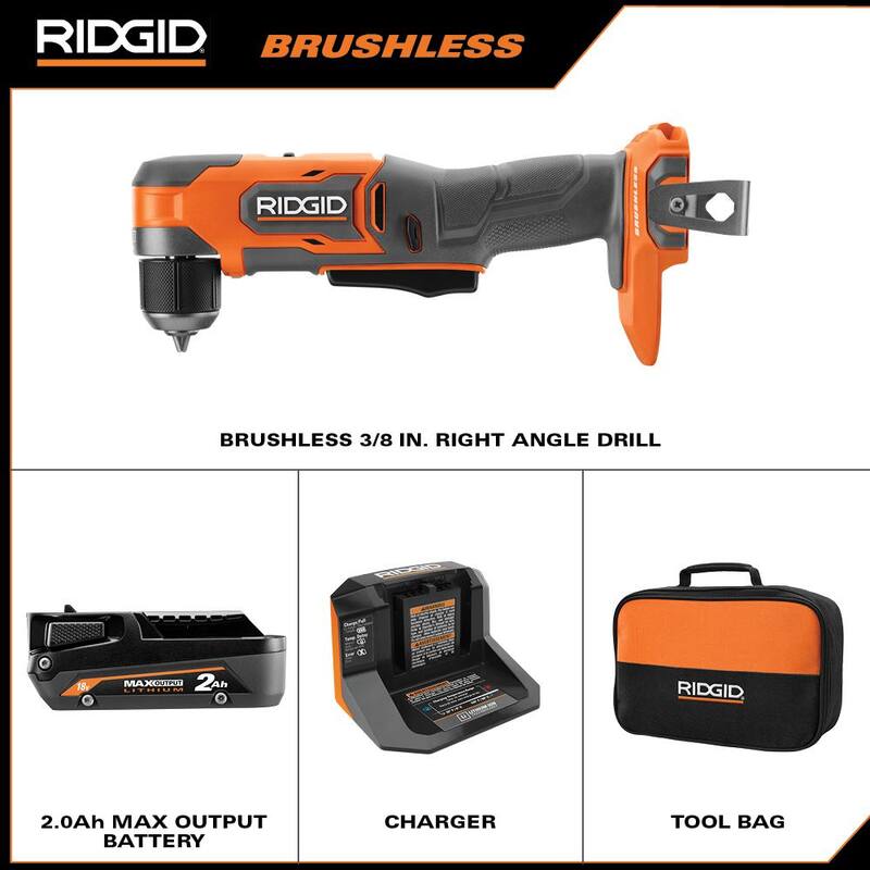 Kit de taladro inalámbrico RIDGID 18V SubCompact sin escobillas de 3/8 de pulgada y ángulo recto con batería de salida máxima de 2.0 Ah y cargador - R87701K