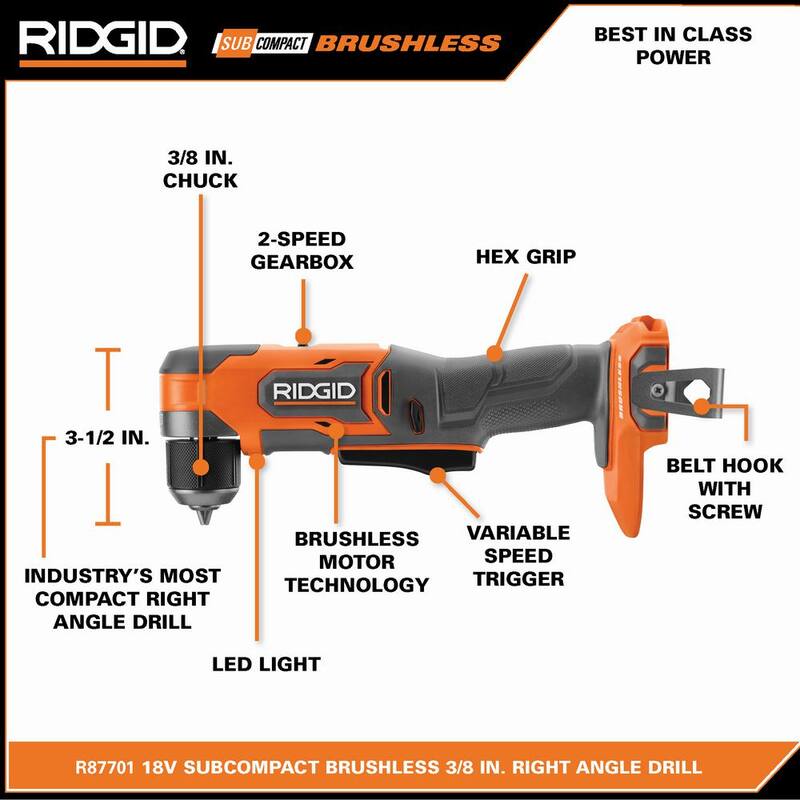 Kit de taladro inalámbrico RIDGID 18V SubCompact sin escobillas de 3/8 de pulgada y ángulo recto con batería de salida máxima de 2.0 Ah y cargador - R87701K