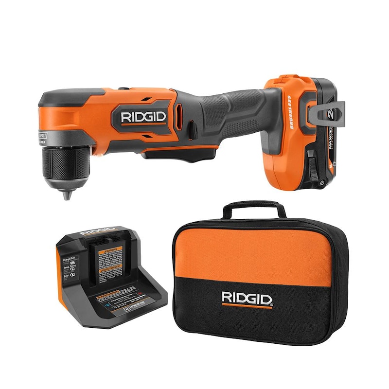Kit de taladro inalámbrico RIDGID 18V SubCompact sin escobillas de 3/8 de pulgada y ángulo recto con batería de salida máxima de 2.0 Ah y cargador - R87701K