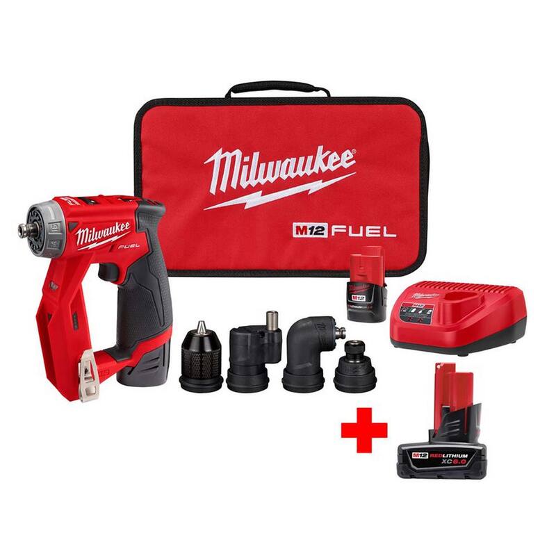 Juego de Taladro Atornillador Inalámbrico 4 en 1 Intercambiable Milwaukee M12 FUEL 12V de Litio-Ion Sin Escobillas con Batería de 6.0 Ah - 2505-22-48-11-2460
