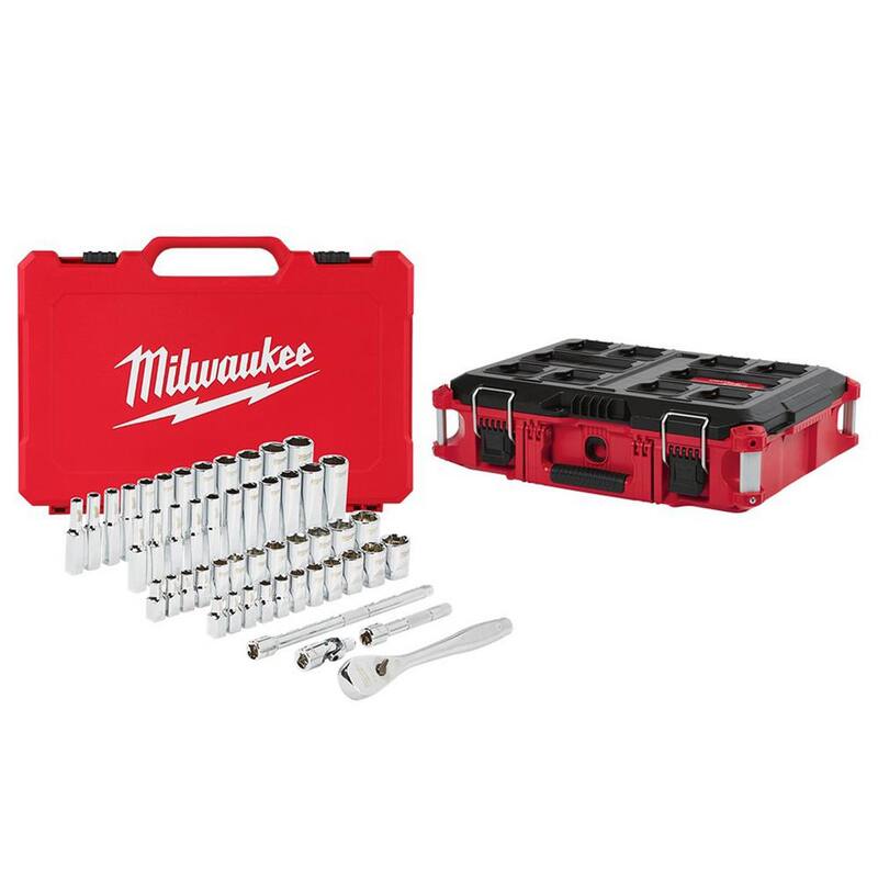 Juego de herramientas mecánicas Milwaukee de 1/4 de pulgada con trinquete y dados SAE/Métricos (50 piezas) con caja de herramientas PACKOUT de 22 pulgadas - 48-22-9004-48-22-8424