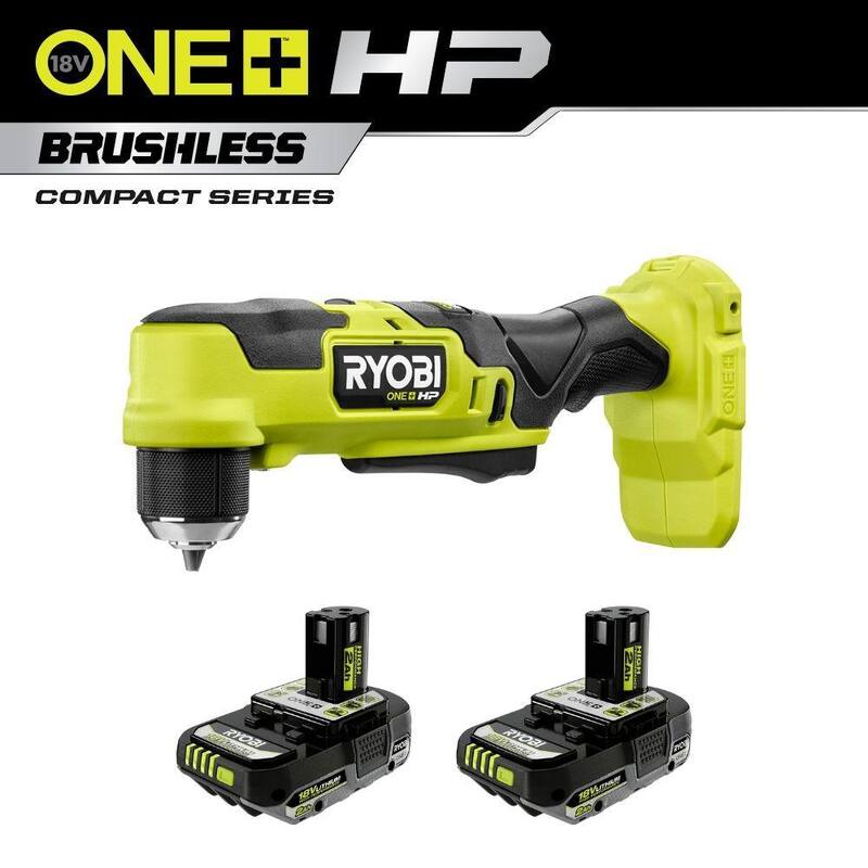 RYOBI ONE+ HP Taladro angular recto compacto inalámbrico sin escobillas de 18V con (2) baterías de alto rendimiento de 2.0 Ah - PSBRA02B-PBP2003