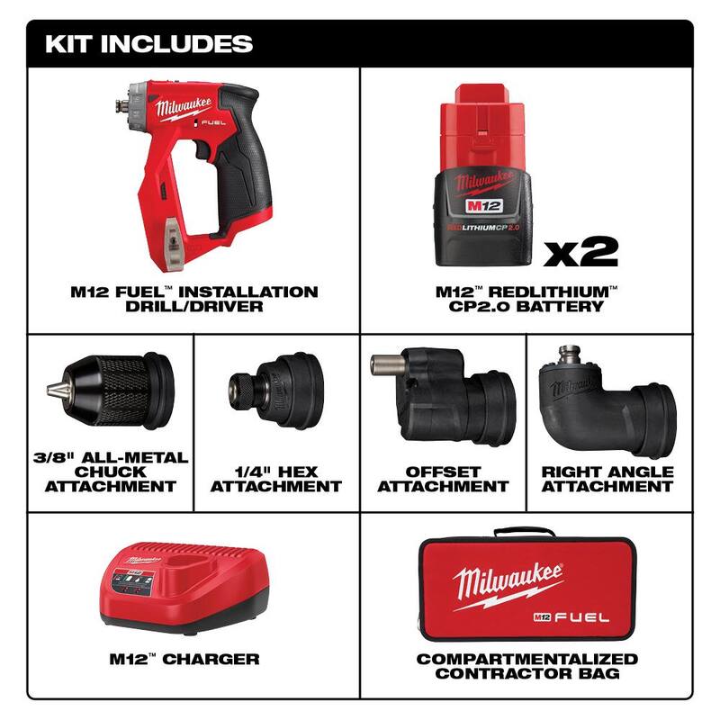 Milwaukee M12 FUEL 12V Taladro inalámbrico sin escobillas de iones de litio de 4 en 1 e instalación de 3/8 pulg. Kit de controlador de broca con soporte de luz M12 Rocket - 2505-22-2132-20.