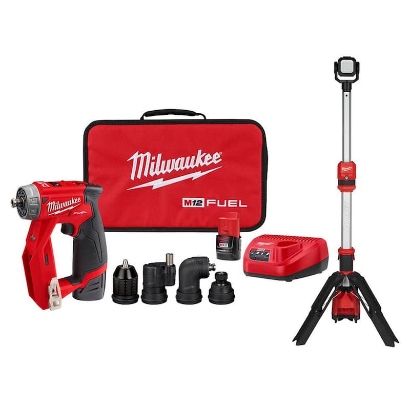 Milwaukee M12 FUEL 12V Taladro inalámbrico sin escobillas de iones de litio de 4 en 1 e instalación de 3/8 pulg. Kit de controlador de broca con soporte de luz M12 Rocket - 2505-22-2132-20.