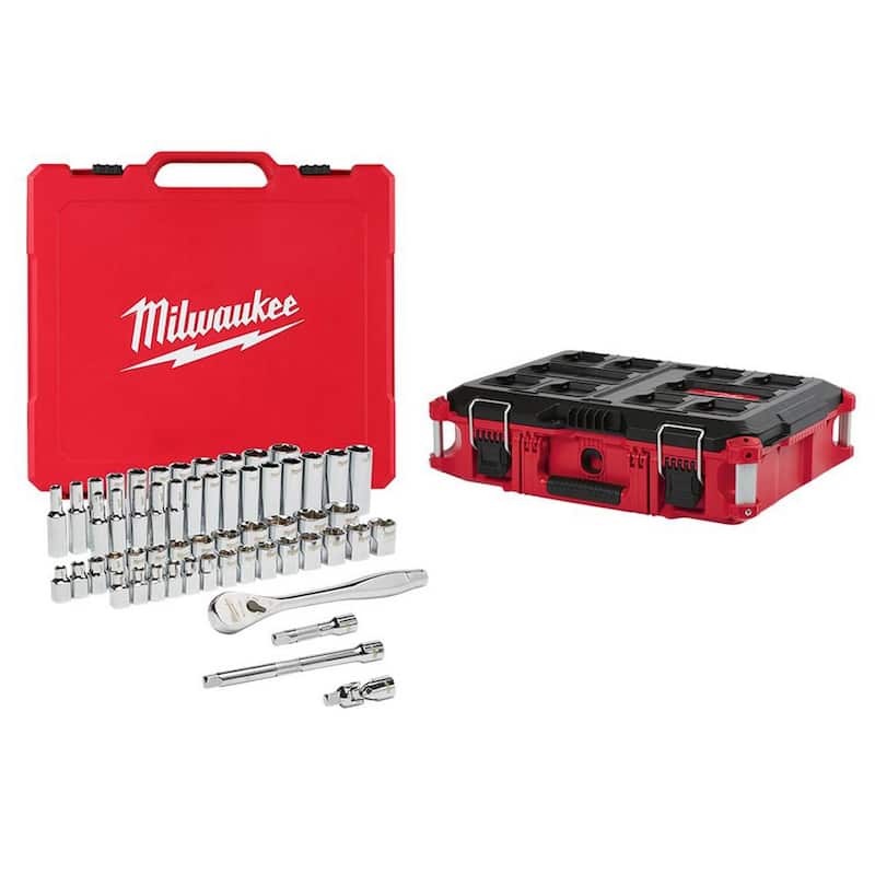 Juego de herramientas mecánicas Milwaukee de 3/8 pulgadas con Trinquete SAE/Métrico y Dados (56 piezas) con caja de herramientas PACKOUT de 22 pulgadas - 48-22-9008-48-22-8424